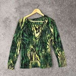 Chaus Shirt Womens Small Green Print Scoop Neck Long Sleeves Pullover Top